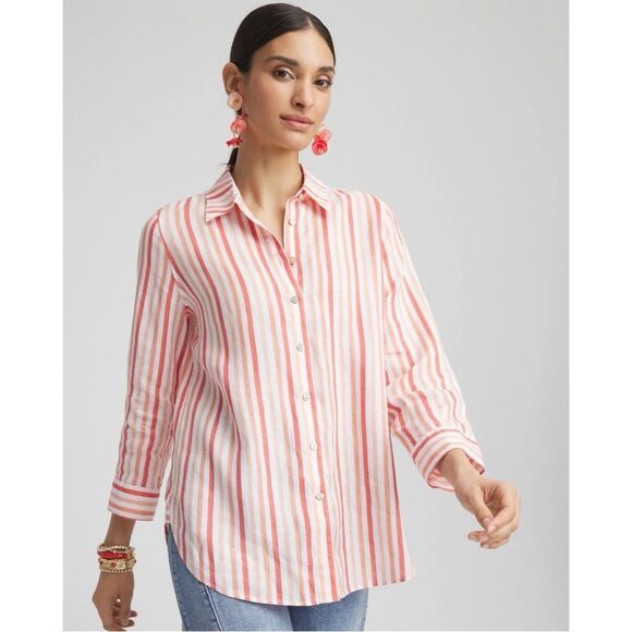 Chico’s Coral Blossom White Striped  No Iron Linen Button Down Shirt Sz 1 / M - Picture 1 of 9